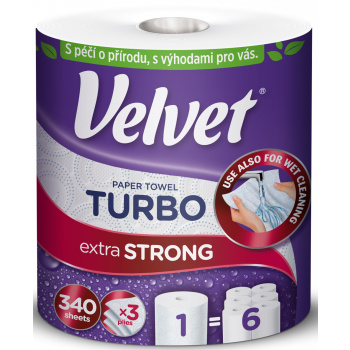 Velvet Turbo papírové kuchyňské utěrky 3 vrstvé 340 útržků 75,82 m 1 role